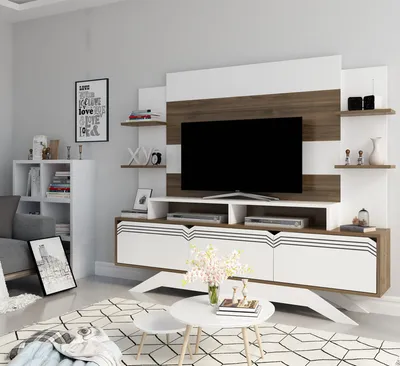 A modern living room featuring a TV stand and entertainment unit.