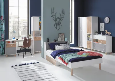 Produktbild von Schlafzimmer Set – 5 Teile – FARO System – Kleiderschrank – Regalschrank – Schreibtisch – Kommode – Bett – Grau / Weiß – Modern ohne Matratze