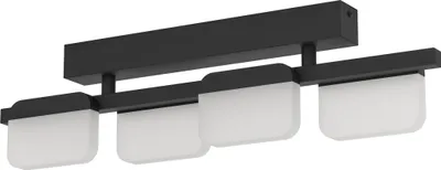 A black ceiling light with four frosted white rectangular lamps.