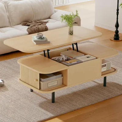 Productafbeelding van Merax verstelbare salontafel met 2 schuifdeuren, woonkamertafel met hydraulische liftfunctie, salontafel met 4 zwarte poten, naturel