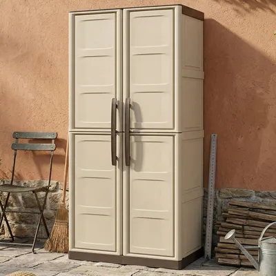 Immagine prodotto di Dmora Armadio da Esterno Ipno 39x70x165h cm Beige, 2 Ante Portascope, Resistente ai Raggi uv, Impermeabile  Italy
