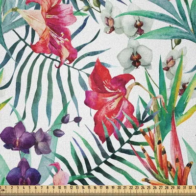 Produktbild von ABAKUHAUS Aquarell-Blumen Microfaser Stoff als Meterware , Tropische Wilde Orchideen Blumen Mit Palmblättern Druck Exotische Art Natur, 10 M (230 x 1000 cm), Mehrfarbig