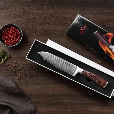Immagine prodotto di Wakoli EDIB Coltello santoku in damasco I Lama di 17 cm in 67 strati di acciaio damasco I Manico in pakkawood
