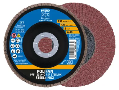 Image de PFERD TOOLS POLIFAN Rondelle à lamelles PFF plate Corindon A Ligne universelle PSF STEELOX Acier/acier inoxydable