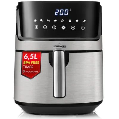 A front-facing studio shot of a silver and black air fryer on a white background.