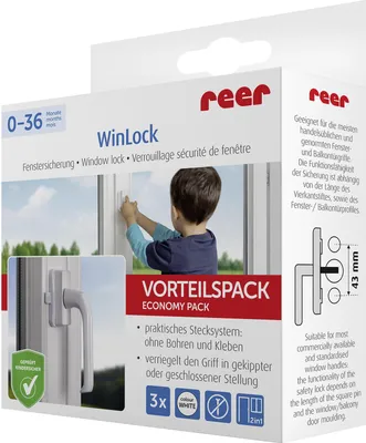 Zdjęcie produktu dla reer 70060, Blokada okna przed dziećmi, 3 szt., Biały, Plastik, Pudełko, 30 mm