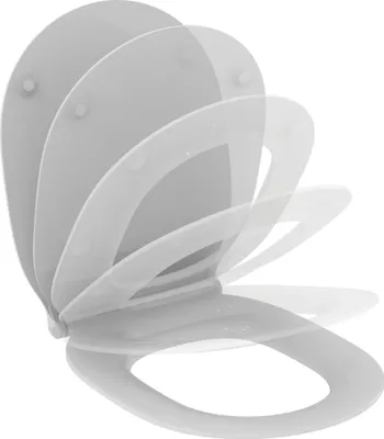 A white toilet seat shown from a diagonal angle, with multiple layers indicating its soft-closing mechanism.