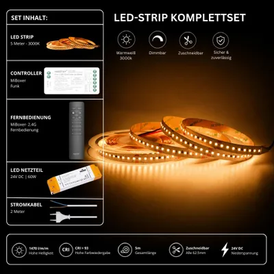 Produktbild von LED Streifen Set Warmweiß 3000K – SMD LED Streifen 24V, 9 W/m, 1500 lm/m, 5m – SS60 Netzteil, SR2 Funk-Controller  und  C1 Fernbedienung Schwarz