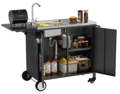 Produktbild von Edelstahl Grilltisch mit Spüle, mobile Outdoor Kücheninsel mit klappbarer Arbeitsplatte, Grillwagen aus 304 Edelstahl, fahrbare Grillstation für Garten & Terrasse