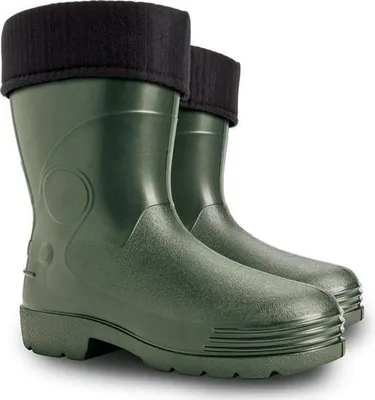 A pair of green rubber boots with black cuffs, shown against a white background.
