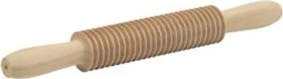 A wooden rolling pin with a textured surface and handles, isolated on a white background.