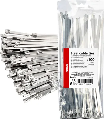 Obrázek produktu pro Kovové stahovací pásky z nerezové oceli 4,6x250mm 100 kusů AMiO 04322 Odolné proti povětrnostním vlivům