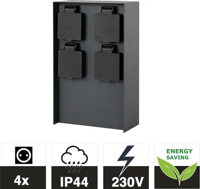 Produktbild von Grafner Edelstahl Design Gartensteckdose mit 4 Steckdosen, IP44, eckig, anthrazit, KEIN ROST – Pulver-Beschichtung, klein und schmal, Energiesäule Mehrfach Metall Außen Steckdose 2-Fach schwarz