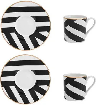 Obrázek produktu pro Mikasa Luxe Deco Set de cup and saucer de espresso in porcelain, 2x espresso cups de and saucers with geometric print, cups de coffee de 100ml - In box de gift and dishwasher safe.