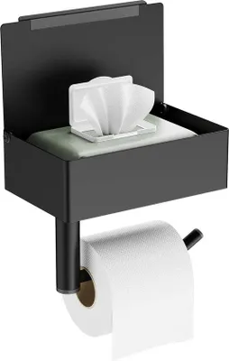 Productafbeelding van Unyqoos® Toiletpapierhouder met vochtige doekjeshouder, zwart, stil ontwerp, verstelbare toiletrolhouder, wandhouder met opbergruimte, metaal, 20 x 12,5 x 6,5 cm, zelfklevend of te bevestigen met schroeven