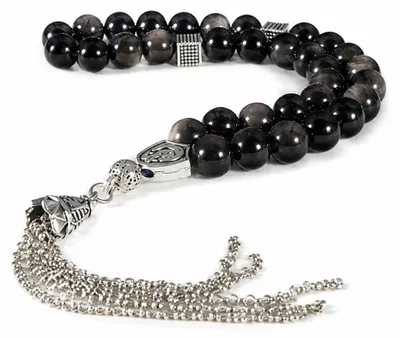 Tasbih-Gebetskette, 33 Perlen, Silber-Obsidian, 8,5 mm, mit Quaste