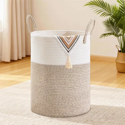 Image de Panier à linge rond tressé, 58 litres, avec poignées en coton, marron et blanc