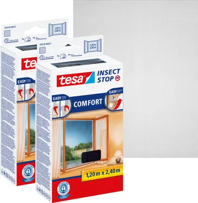 Produktbild von tesa 2x Fliegengitter Comfort Insektenschutz Fenster ohne Bohren grau 1,2x2,4 m