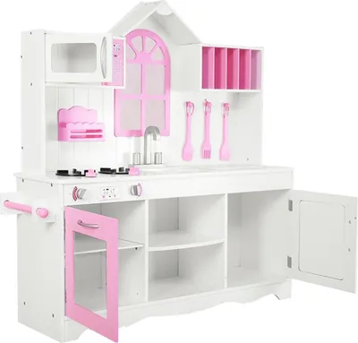 Immagine prodotto di Cucina giocattolo per bambini in legno con lavello, ganci, forno e microonde, rosa e bianco