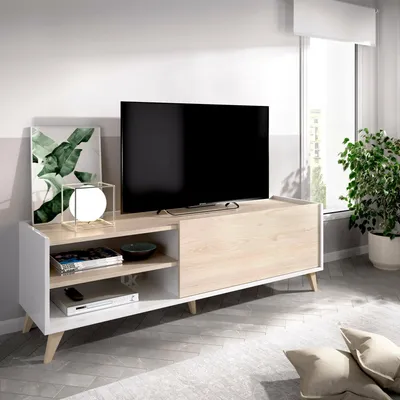 Produktbild von TV-Schrank Dacerbi, niedriges Sideboard für Wohnzimmer, TV-Sideboard für Wohnzimmer, 155 x 43 x 47 cm, Eiche und Weiß