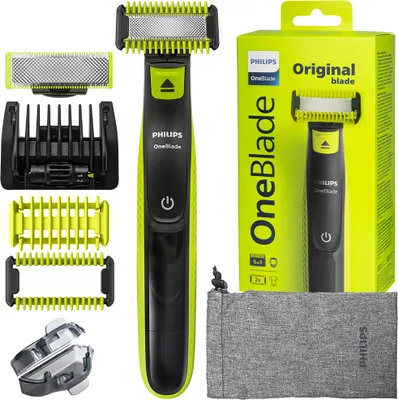 A Philips Norelco OneBlade QP2824/20 Face and Body grooming kit is displayed with its accessories and packaging.