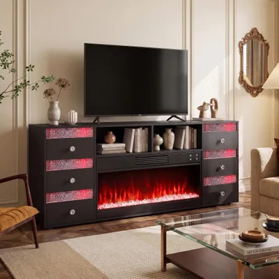 Produktbild von VANITII TV-Schrank mit kamin Heizfunktion，mit farbwechselndem LED-Beleuchtung mit Bluetooth 6 Schubladen Schwarz 180 x 40 x 65 cm