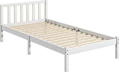Obrázek produktu pro Dřevěná postel - Rám postele - Pro matraci 90 x 190 cm (bez matrace) - Lamelový rošt a čelo postele - Borovicové dřevo - Nosnost do 120 kg - 198 x 96 x 70 cm - Bílá barva