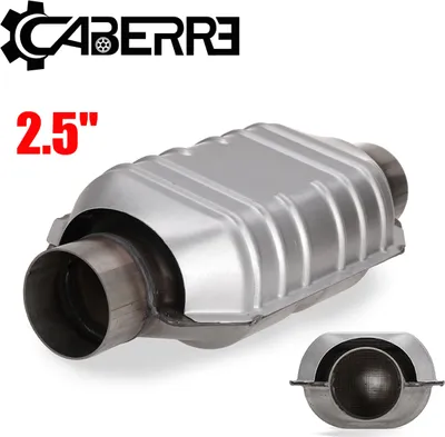 A catalytic converter with the brand logo and size indicator.