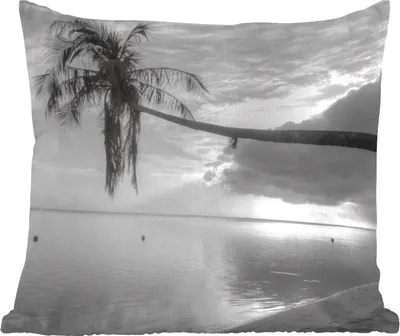 Produktbild von MuchoWow® Zierkissen Sofakissen Wohnzimmer Dekokissen 50x50 cm Überhängende Palme am Strand von Mo'orea in schwarz-weiß - Komfort - Sofakissen