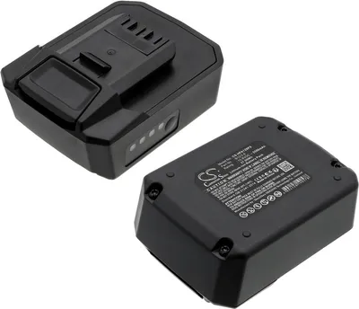 Two black rechargeable batteries are shown against a white background. One battery is angled towards the viewer, while the other is positioned behind and to the left, also angled.