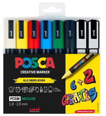 Immagine prodotto di uni-ball 186826 uni-ball POSCA PC-5M Acrylstift farbsortiert 1,8 - 2,5 mm, 8 St.