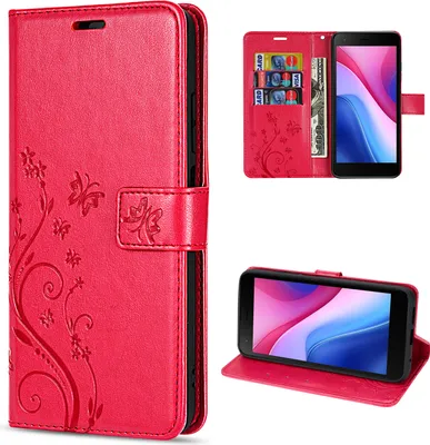 A collage of images showing a red flip phone case with a floral design, a phone inside the case, and the case open with cards and money.
