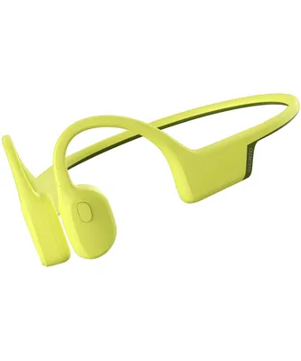 A lime green pair of bone conduction headphones is shown against a white background.