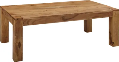 Couchtisch Mumbai 110cm aus Akazie mit massiven Holzbeinen in Gesamtansicht von vorne.