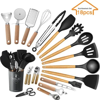 Produktbild von Küchenhelfer Set 18 Teile, Silikon Kochgeschirr Set, BPA-frei, Silikon & Holz, Antihaft Kochutensilien