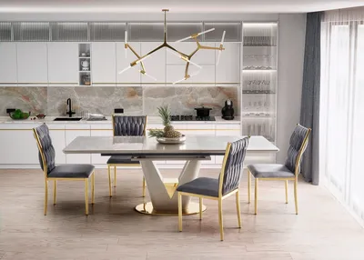 Produktbild von Design Esstisch Tisch HA-777 Grau Marmoroptik - Gold ausziehbar 160 bis 220 cm