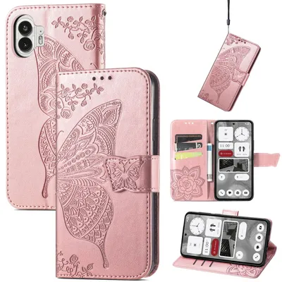 Produktbild von Für Nothing Phone 2 Kunstleder Wallet Handy Tasche Schmetterling Design Hülle Etuis Rosa