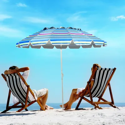 Image de Parasol de plage 243 cm, parasol d'extérieur, parasol de plage inclinable en aluminium, bleu clair