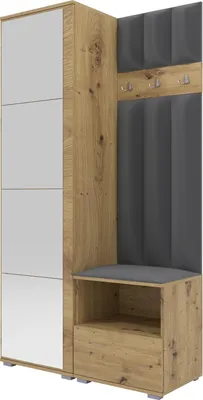 Produktbild von Garderoben-Set Nela I LUX mit Spiegel, gepolsterte Garderobe 100 cm mit Sitzbank, Wandpaneelen und Stauraum (Farbe: Artisan Eiche + Trinity 15)
