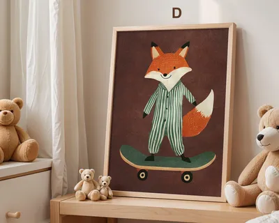 Produktbild von Skateboard Waldtiere Poster Kinderzimmer · Geschenkidee für Kinder · Fuchs Panda Bär Giraffe Faultier · Kinderzimmer Deko · Deko Print ohne Rahmen · Motiv D · 60×90cm