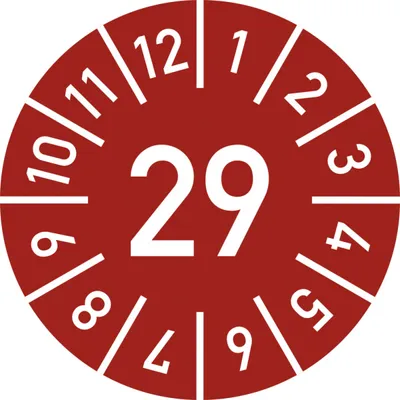 Produktbild von Dreifke® Prüfplakette Jahr 29 mit Monaten, rot, Folie-Spezialkl., Ø 10 mm, 10...
