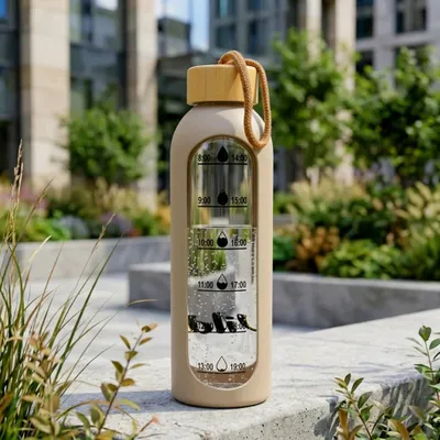 Obrázok produktu pre Sklenená fľaša – silikónový obal – 600 ml – béžová