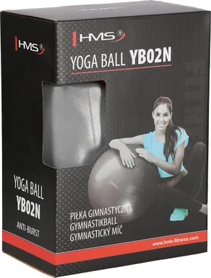A product box for a yoga ball, featuring an image of a woman with the ball and product details.