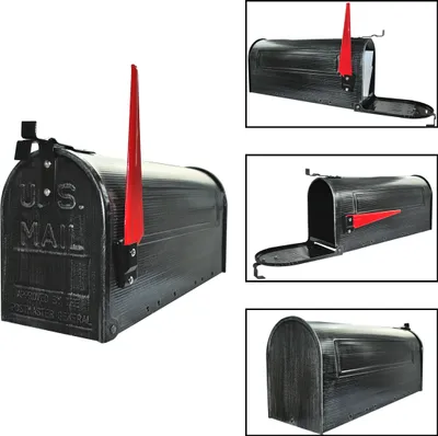 A collage of images showing a black U.S. Mail mailbox from different angles.