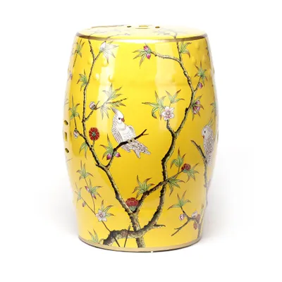 Immagine prodotto di Sgabello in ceramica fine Asianliving giallo pappagalli fatto a mano - Elena D30xH45cm
