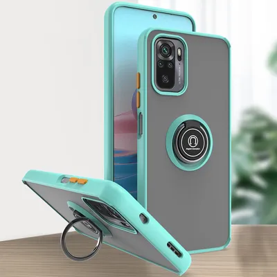 A phone case with a ring holder is displayed on a light gray background, with another phone case in the foreground.