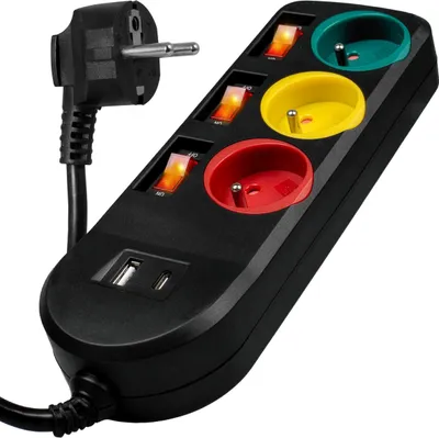 Immagine prodotto di Vayox VA0402 striscia di prese 2m a 3 vie, USB-A, USB-C, 3 interruttori, nero