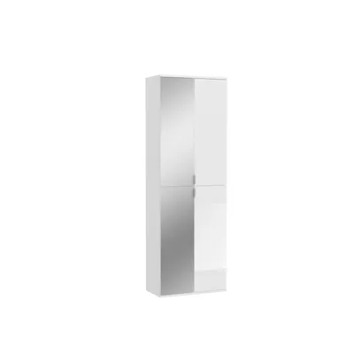 A tall, narrow white wardrobe with mirrored doors, shown against a white background.