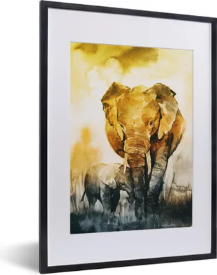 Produktbild von MuchoWow® MuchoWow® Gerahmtes Poster Elefant - Kind - Aquarell 30x40 cm - Poster mit zchwarzem Bilderrahmen - Wandposter Schlafzimmer