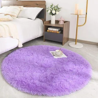 Productafbeelding van Rond, pluizig vloerkleed voor woonkamer en slaapkamer - Groot, donzig tapijt in paars (diameter 100 cm)